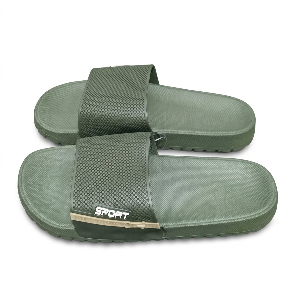 Pair of olive green sport texture wide strap slide sandals