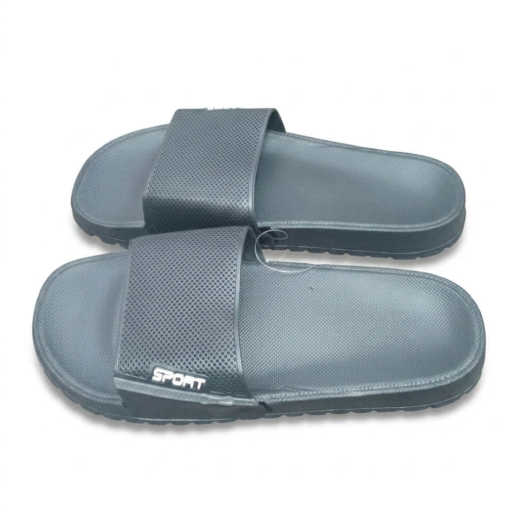 Pair of grey sport texture wide strap slide sandals with contoured footbed
