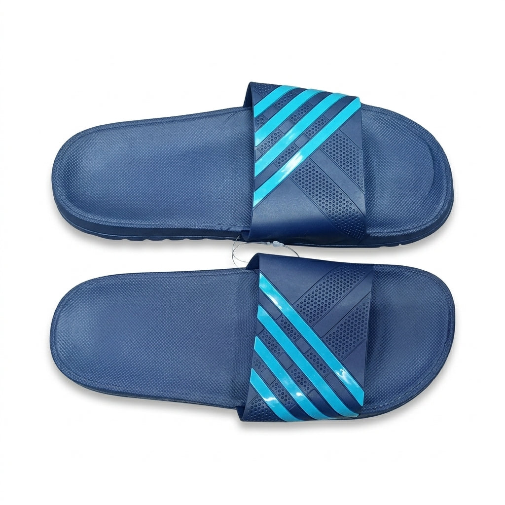 Pair of navy blue casual slide sandals with light blue diagonal striped strap