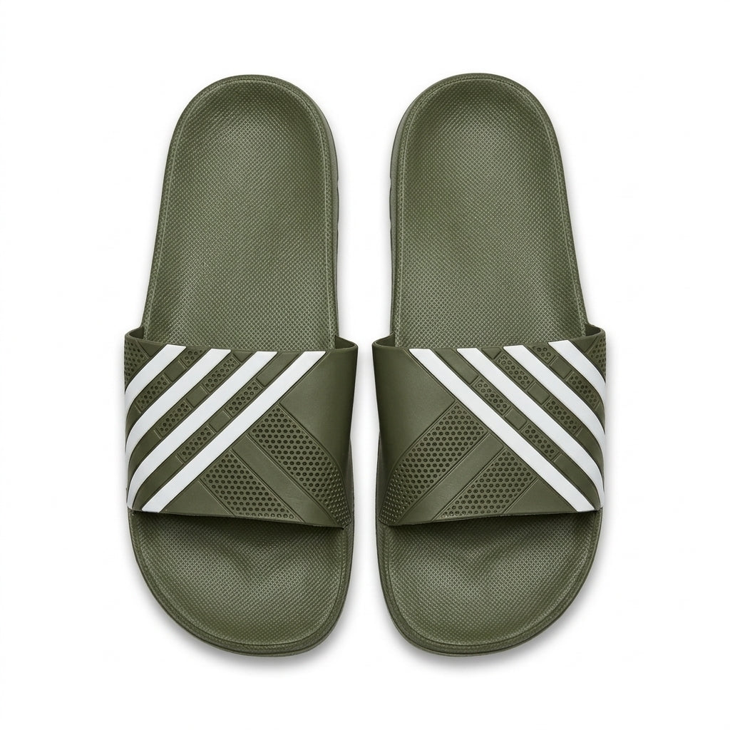 Pair of olive green casual slide sandals with white diagonal striped strap top view