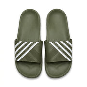 Pair of olive green casual slide sandals with white diagonal striped strap top view