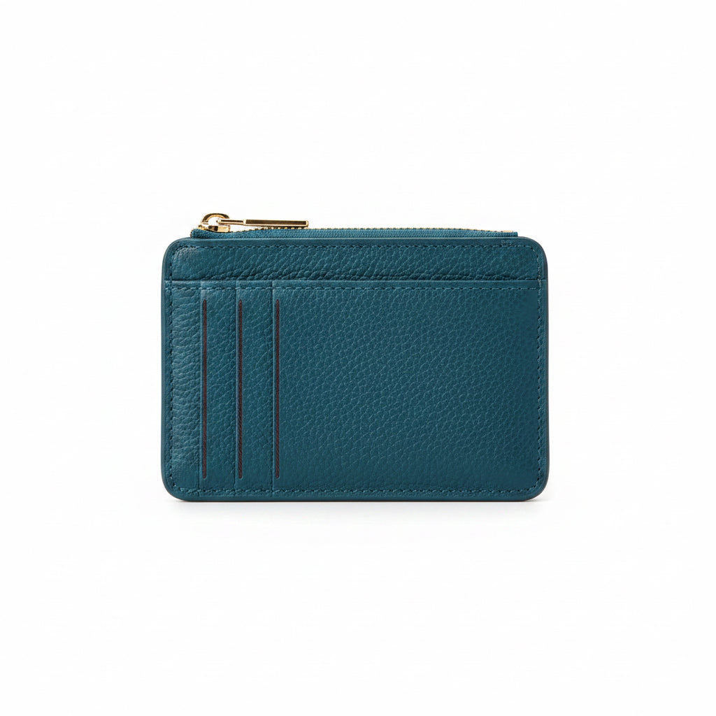 Textured teal blue leather zippered card holder wallet with vertical slots and gold zipper hardware