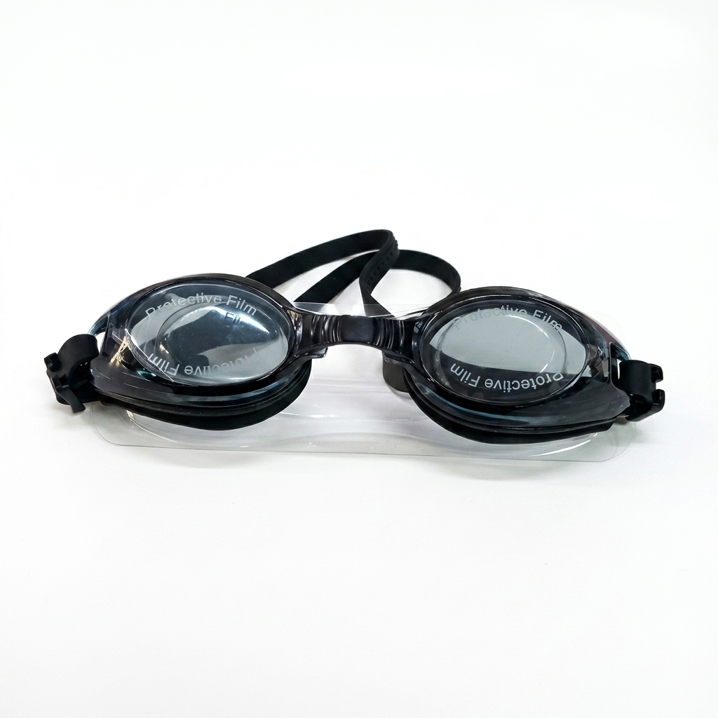 Black protective swim goggles with clear lenses and black straps, resting on a clear plastic display stand against a white background.