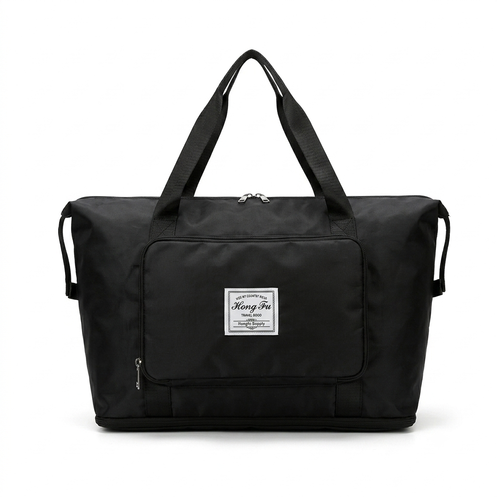 A black nylon duffel bag with dual top handles, a front zippered pocket, and a white square brand patch reading 'Hong Fa'.