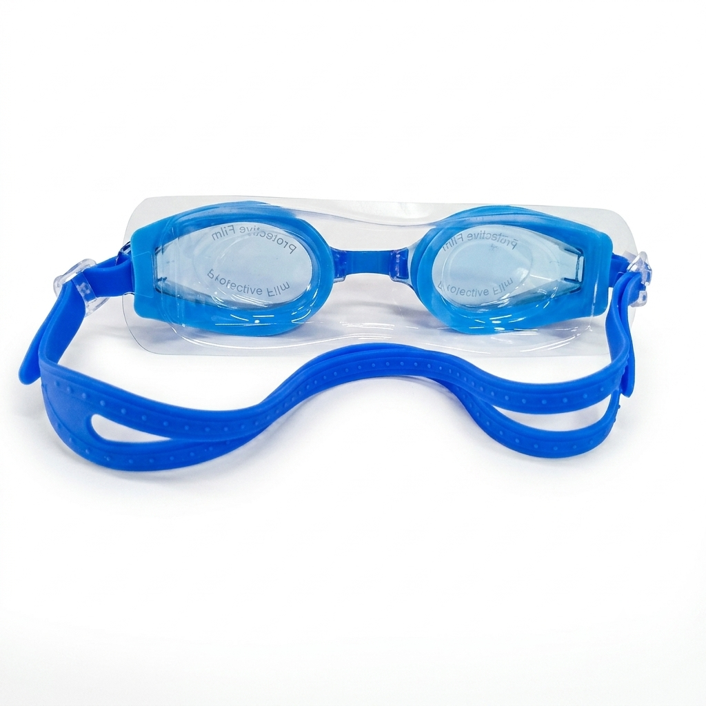 Blue swim goggles with a clear protective face shield and adjustable strap, shown on a white background.