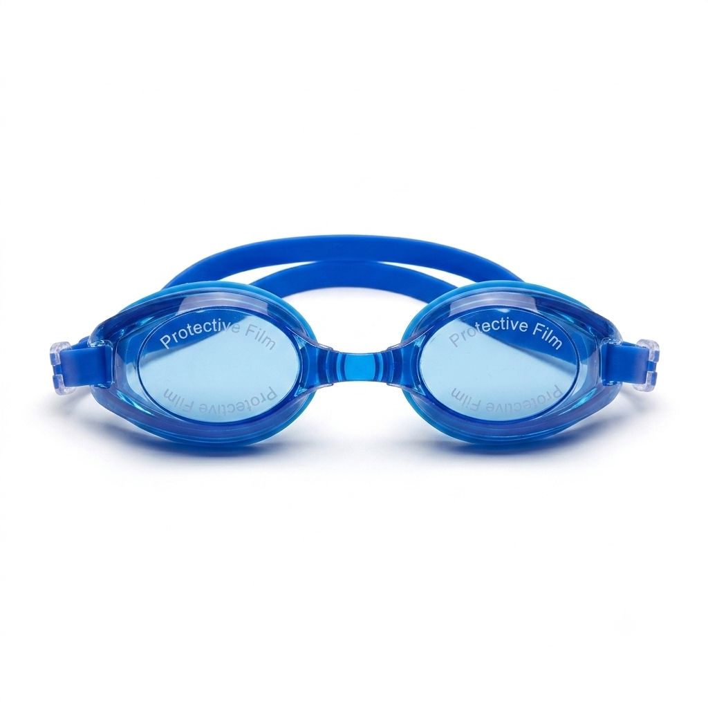Blue swim goggles with a matching blue strap, shown from the side on a clean white background. The lenses are light blue with 'Protective Film' text printed on them.