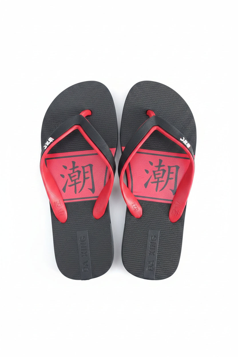 Pair of unisex casual flip flops in black and red with graphic print design