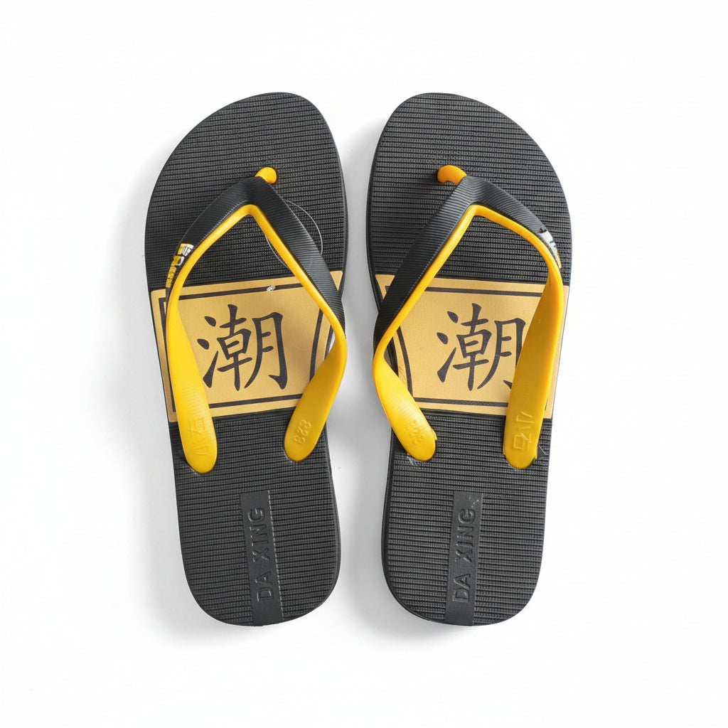 Pair of unisex casual flip flops in black and yellow with graphic print design
