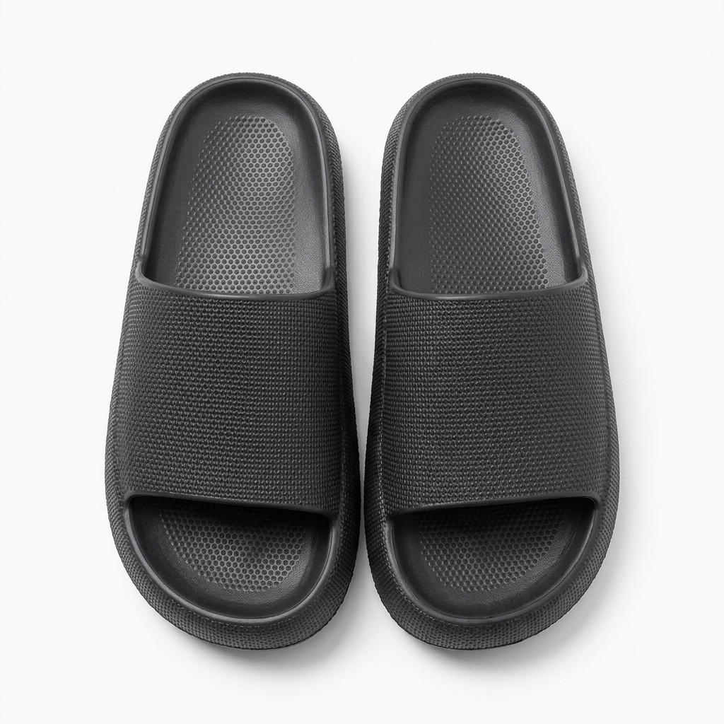 Top down view of unisex cushion slides in black color over a white background