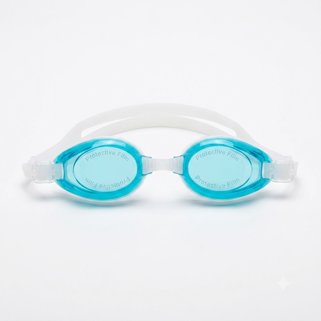 A pair of swim goggles with translucent light blue lenses, a white silicone strap, and clear plastic temples, shown against a plain white background.
