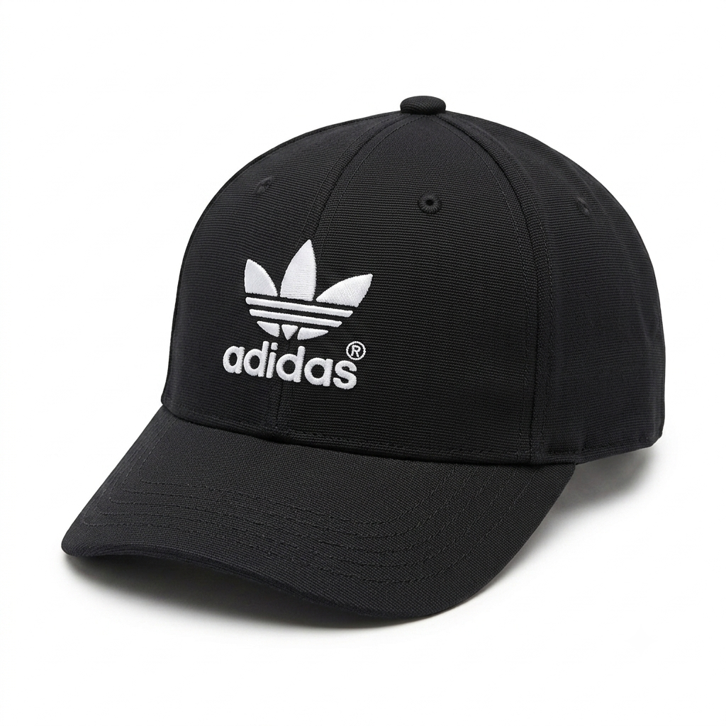 Black baseball cap with white embroidered graphic logo front view