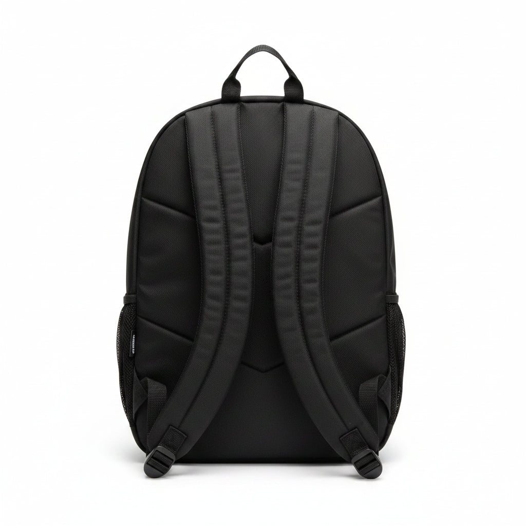 Back view of a unisex black 20L backpack highlighting the ergonomic padded adjustable shoulder straps and comfortable back panel.