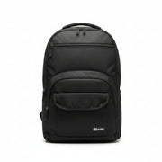 Front view of a unisex black 20L backpack featuring multiple zippered utility pockets and a sleek minimalist design.