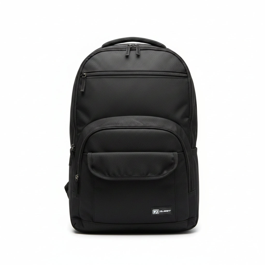 Front view of a unisex black 20L backpack featuring multiple zippered utility pockets and a sleek minimalist design.