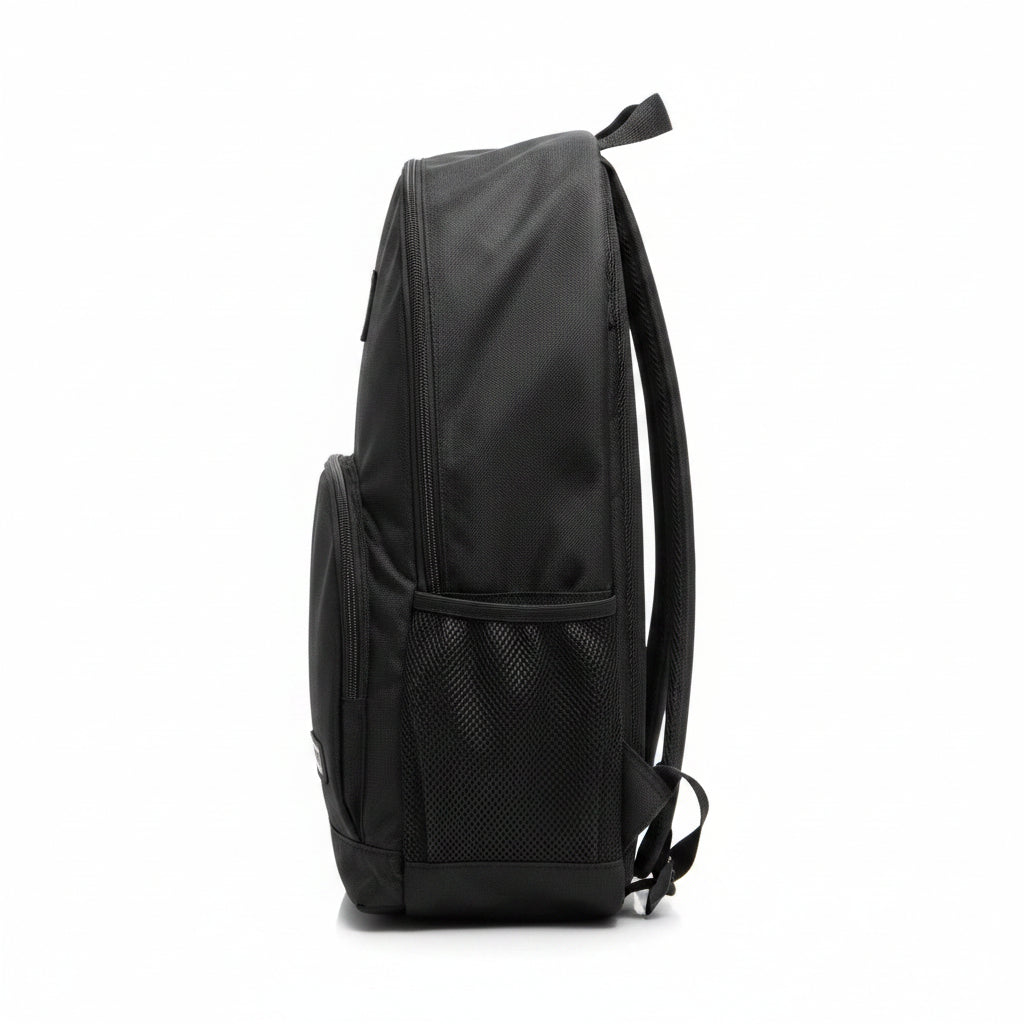 Side view of a unisex black 20L backpack showing the spacious compartments and a mesh pocket for water bottles.
