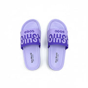 Top view of a pair of purple unisex sport slide sandals with graphic text on the strap.