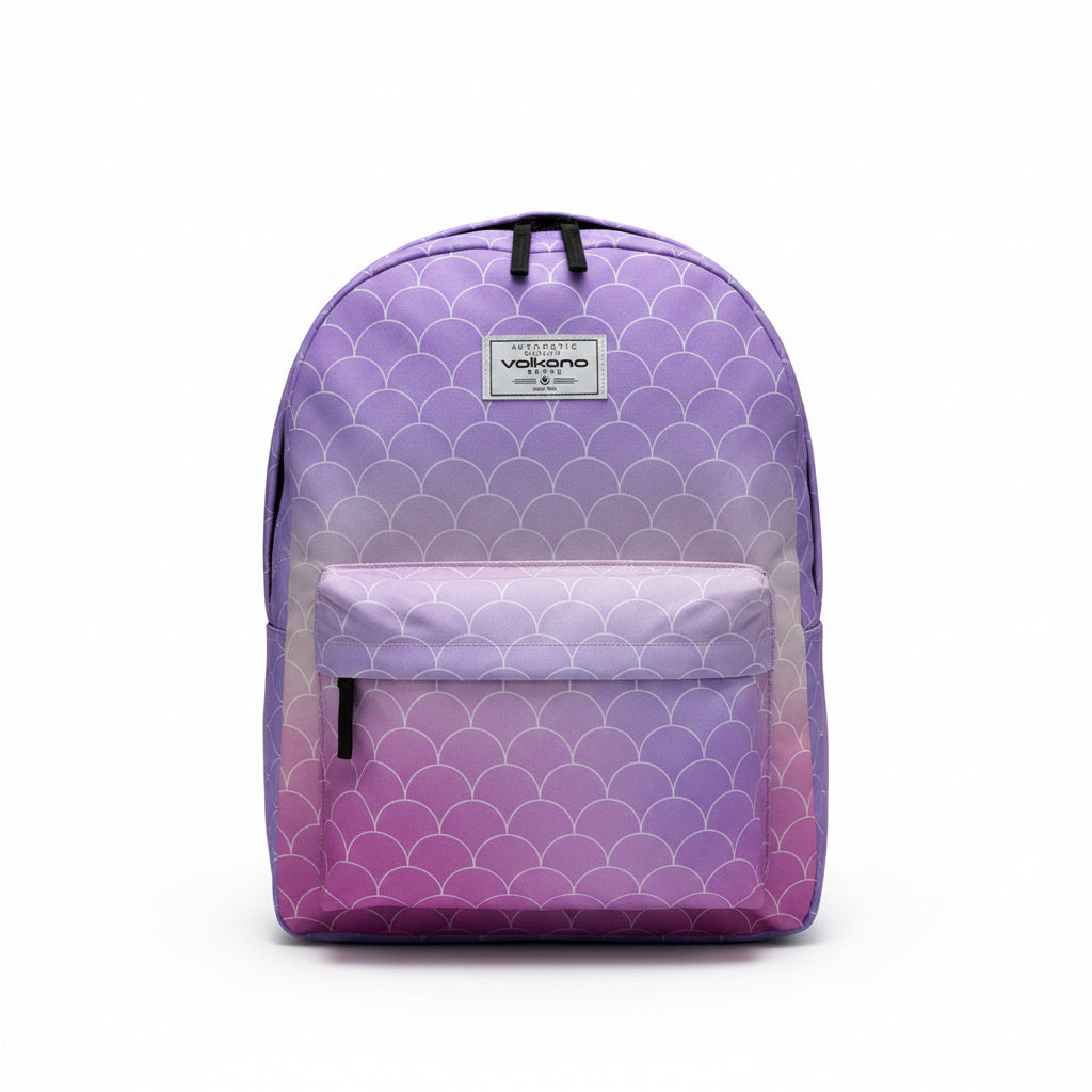 Purple and pink gradient backpack with a white mermaid scale pattern and padded black shoulder straps