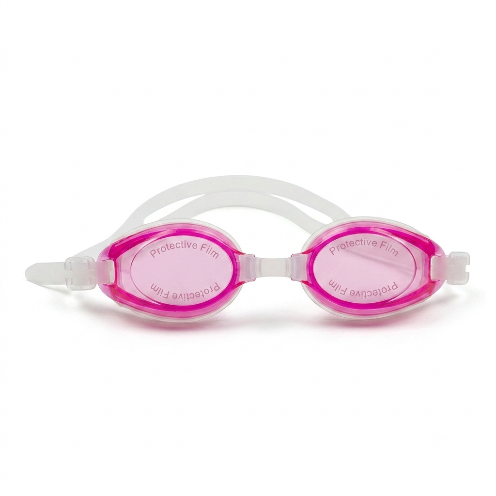 Pink and clear protective swim goggles with a clear strap, shown from the side on a white background.