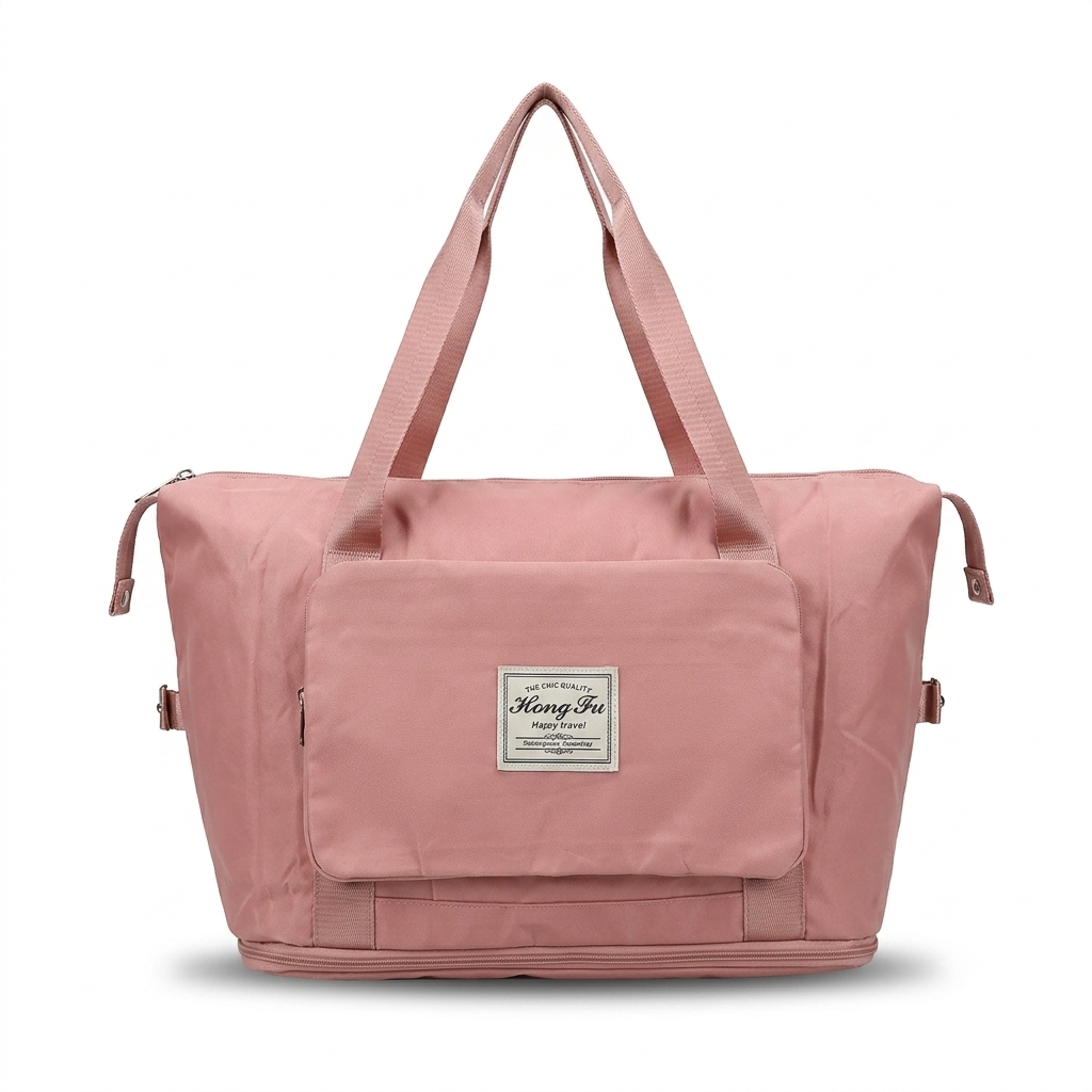 A pink folding duffel bag with dual top handles, a front zippered pocket, and a small white brand label reading 'MengJi'.