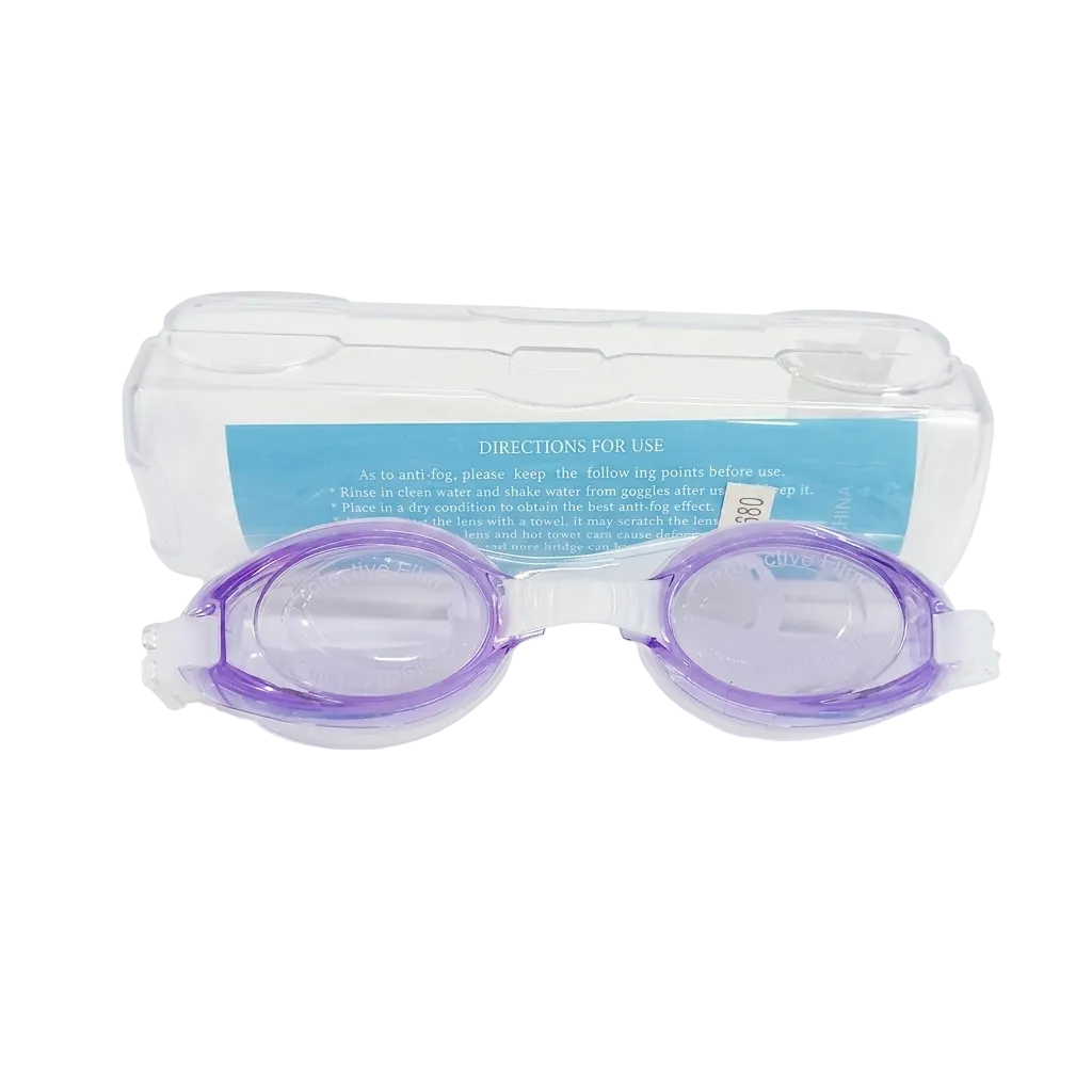 Purple swim goggles with a clear protective case and a blue instruction card, shown on a white background.