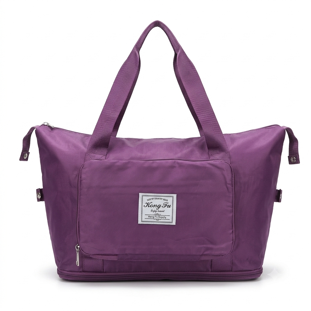 A purple fabric travel bag with dual top handles, a front zippered pocket, and a white brand label reading 'HongJin'.