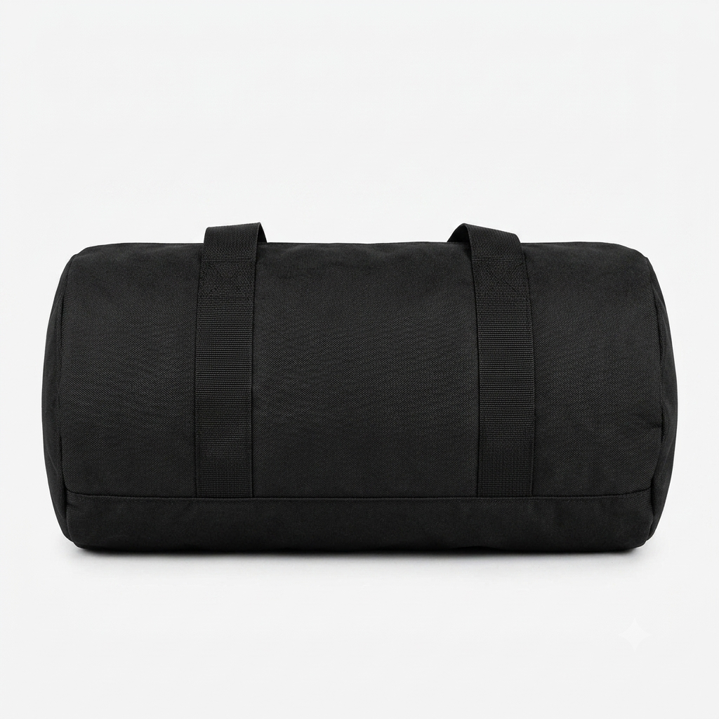 Back view of a plain black textured sport duffle bag centered on a white studio background