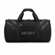 Front view of a black sport duffle bag featuring text print and a zippered mesh pocket on a white background