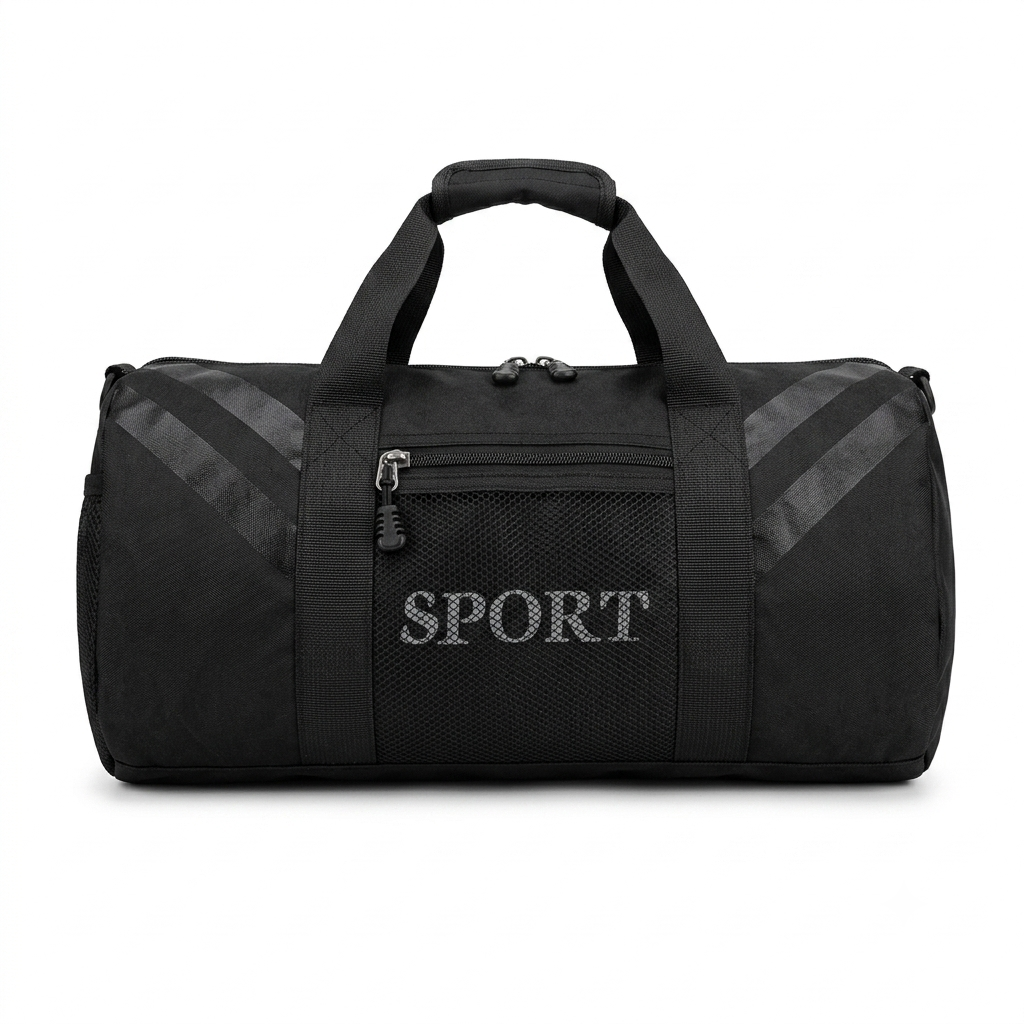 Front view of a black sport duffle bag featuring text print and a zippered mesh pocket on a white background