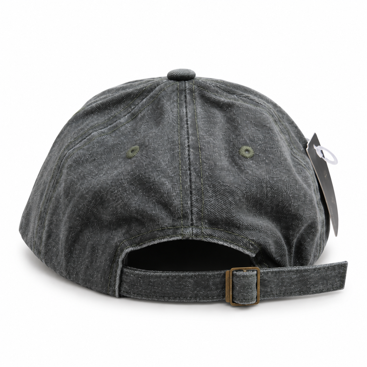 Back view of dark grey vintage washed athletic cap showing back strap
