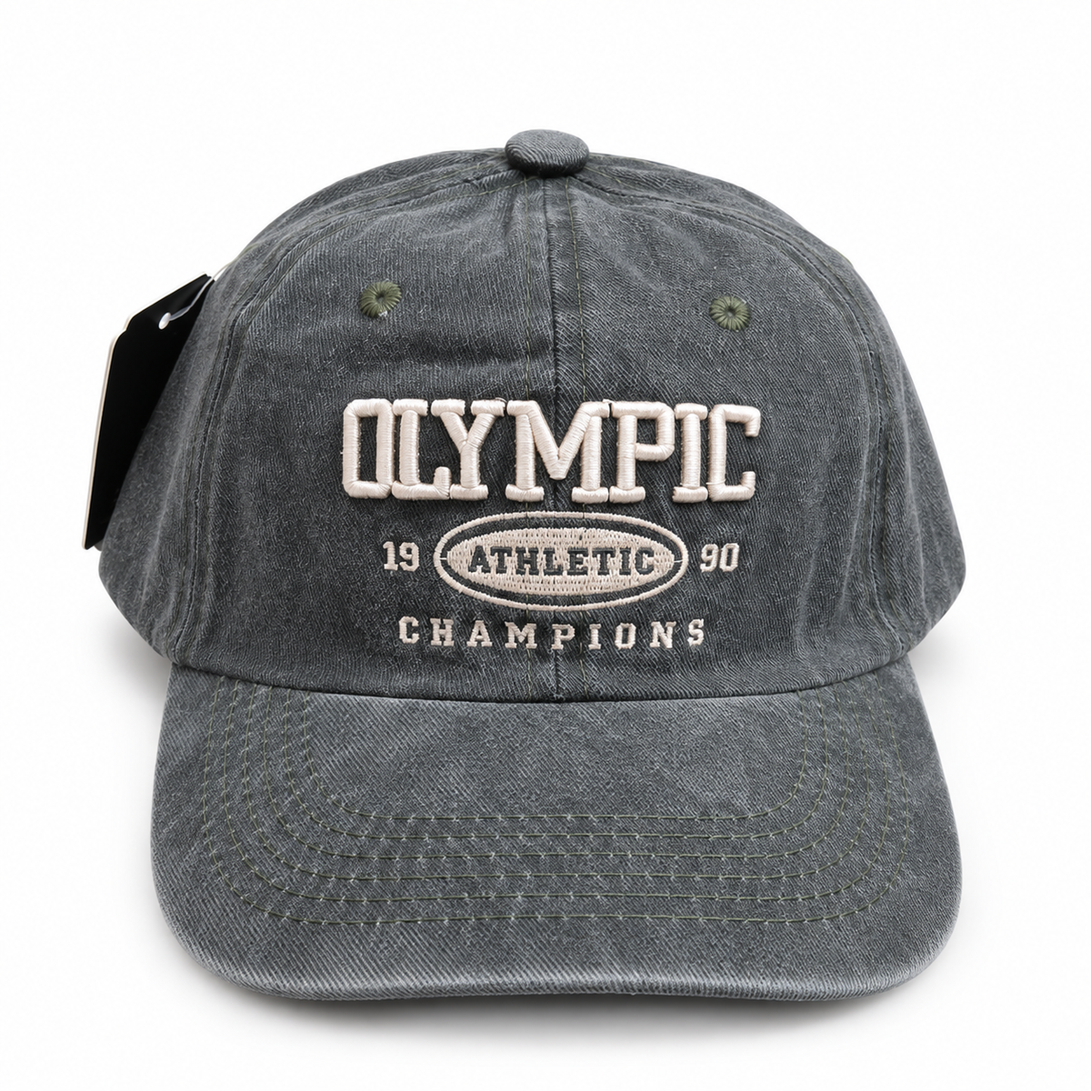 Front view of dark grey vintage washed embroidered athletic baseball cap