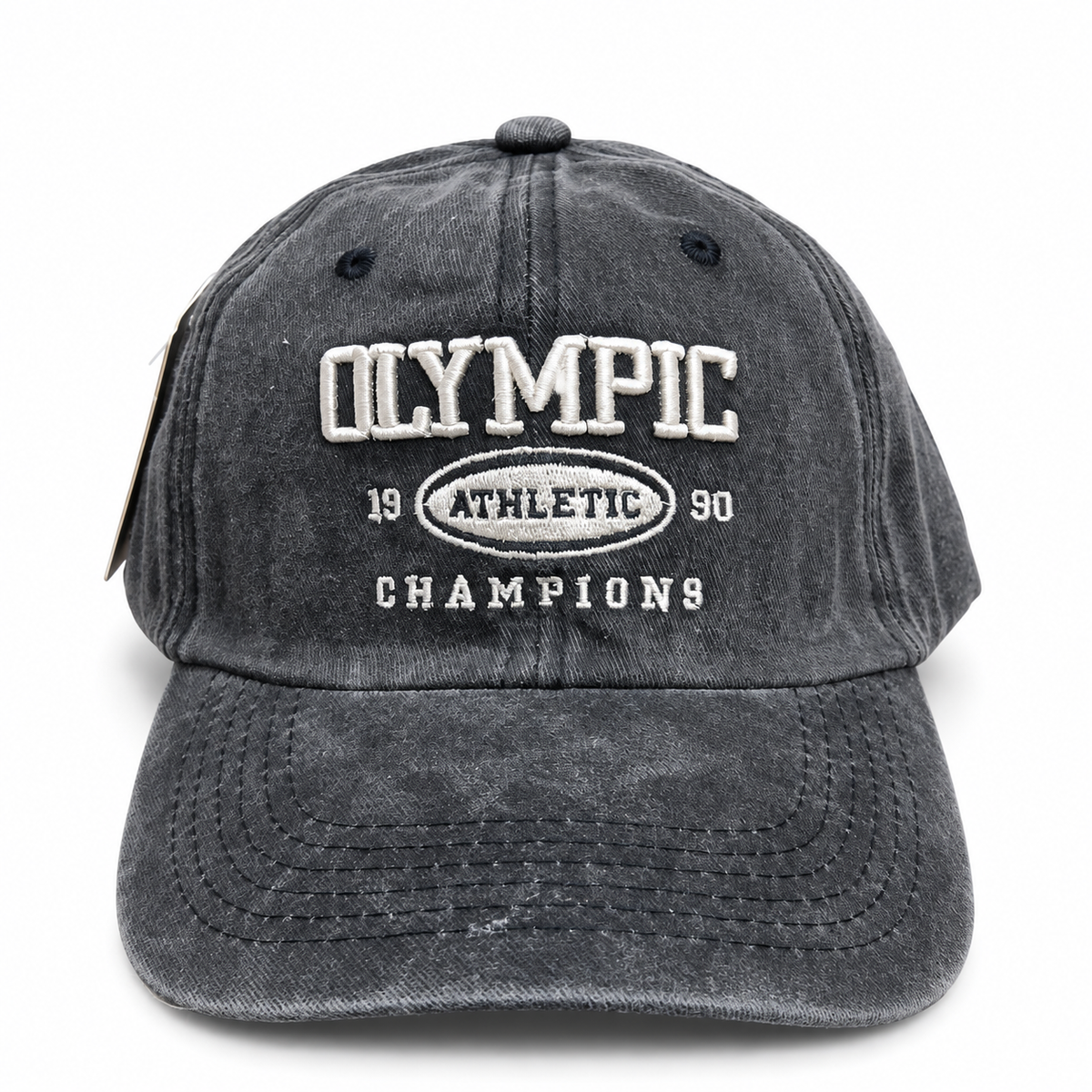 Front view of a vintage black washed baseball cap with white embroidered Olympic Athletic logo