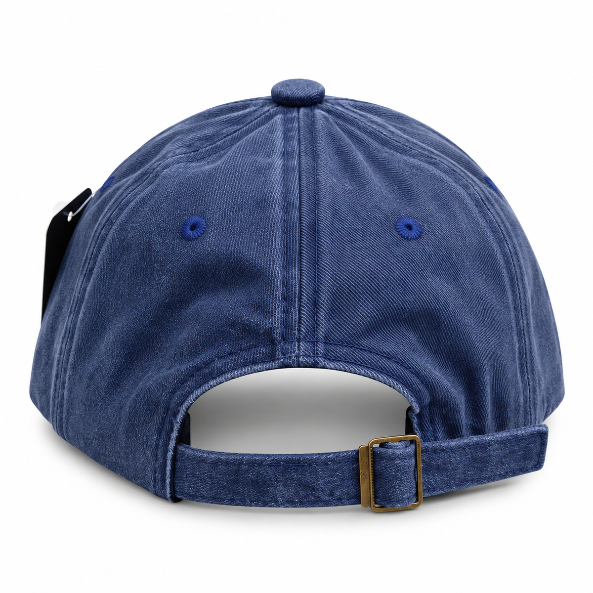 Back view of a vintage blue washed baseball cap highlighting the adjustable strap and brass buckle.