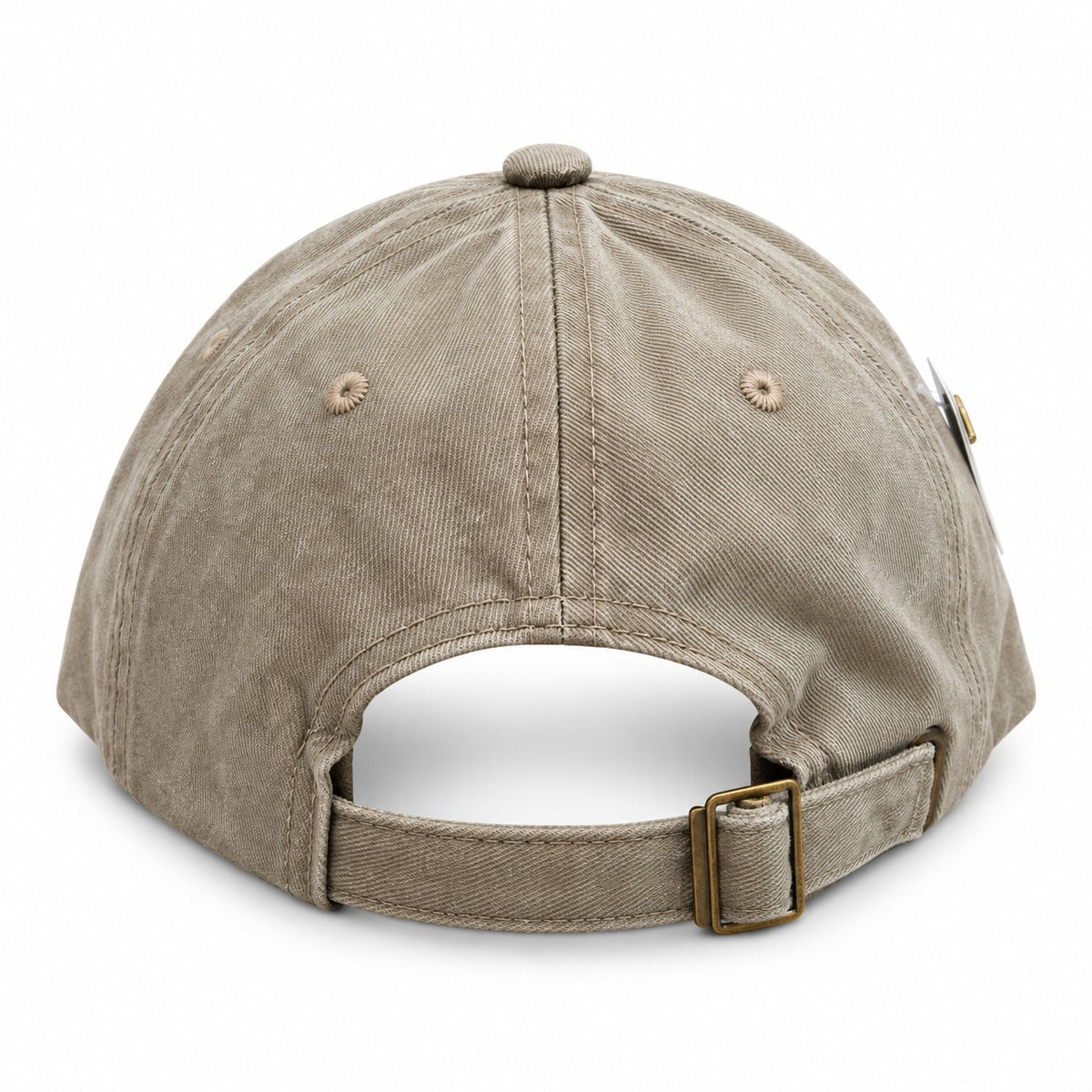 Back view of the grey washed baseball cap showing the adjustable cloth strap and metal buckle closure.