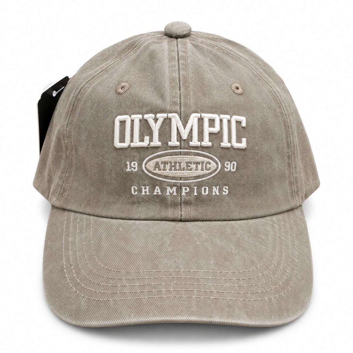 Front view of the grey washed baseball cap with embroidered Olympic Athletic logo.