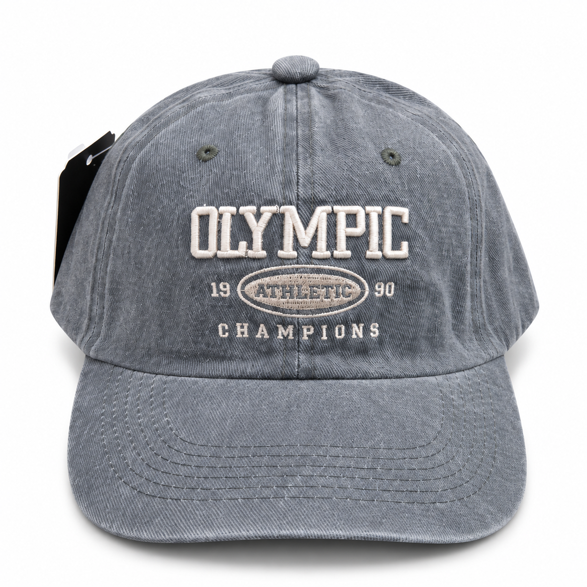 Front view of a vintage grey washed baseball cap with embroidered Olympic Athletic logo.