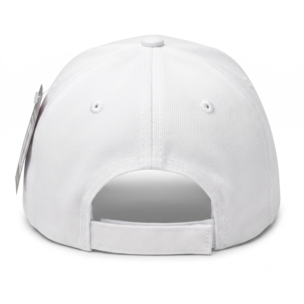 Rear view of a white adjustable baseball cap with hook-and-loop closure strap