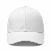 Front view of a classic white cotton baseball cap with curved brim