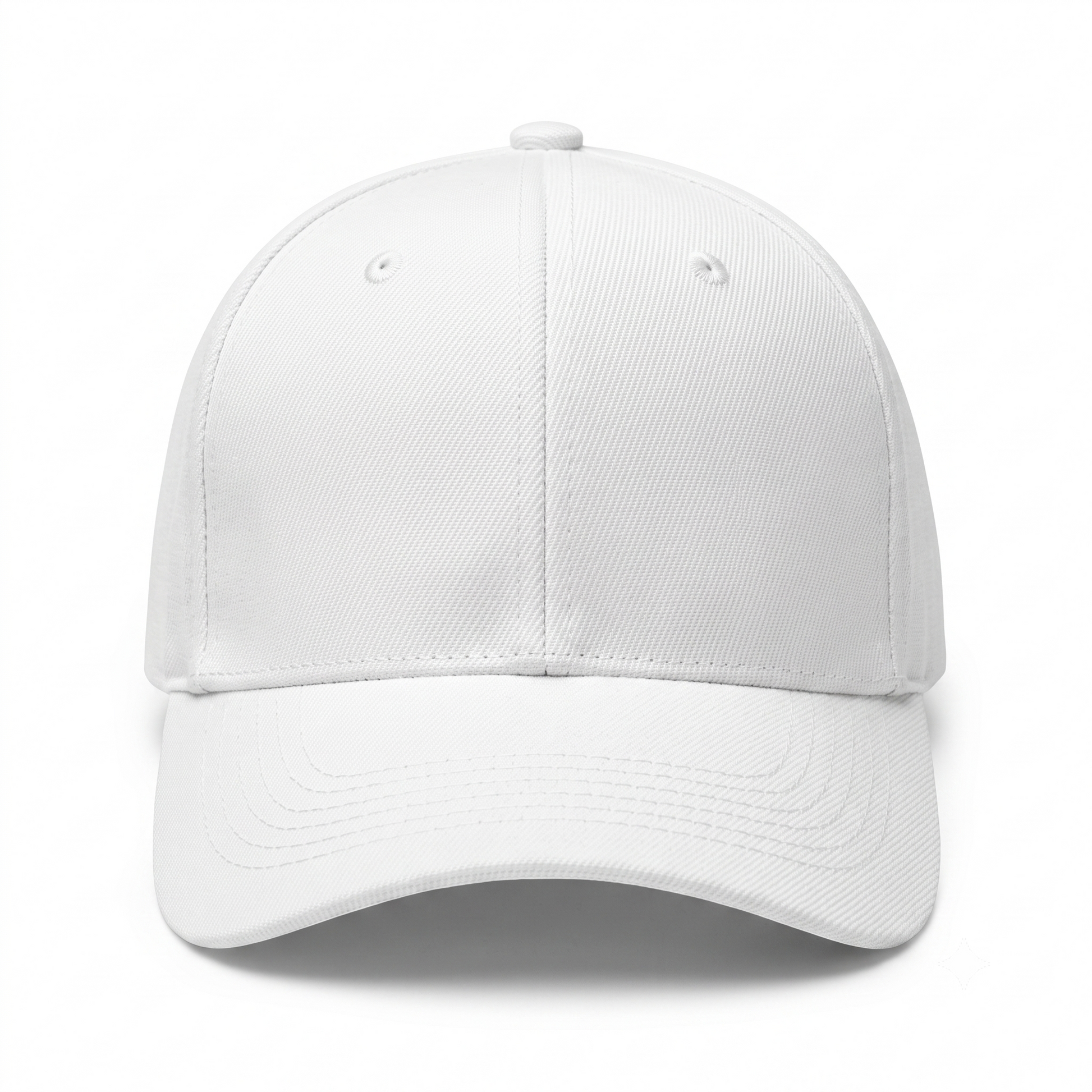 Front view of a classic white cotton baseball cap with curved brim