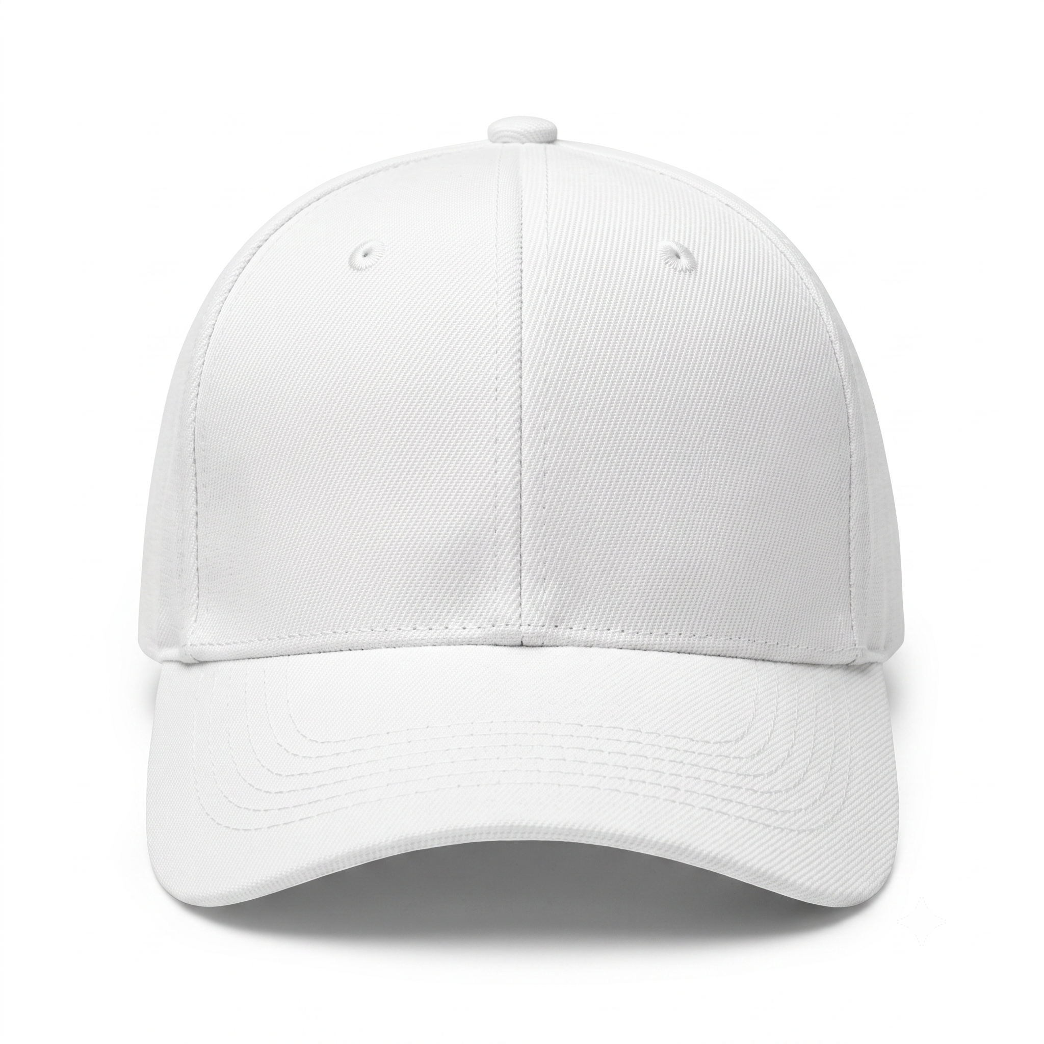 Front view of a classic white cotton baseball cap with curved brim