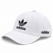 White baseball cap with black embroidered logo-style graphic and curved brim