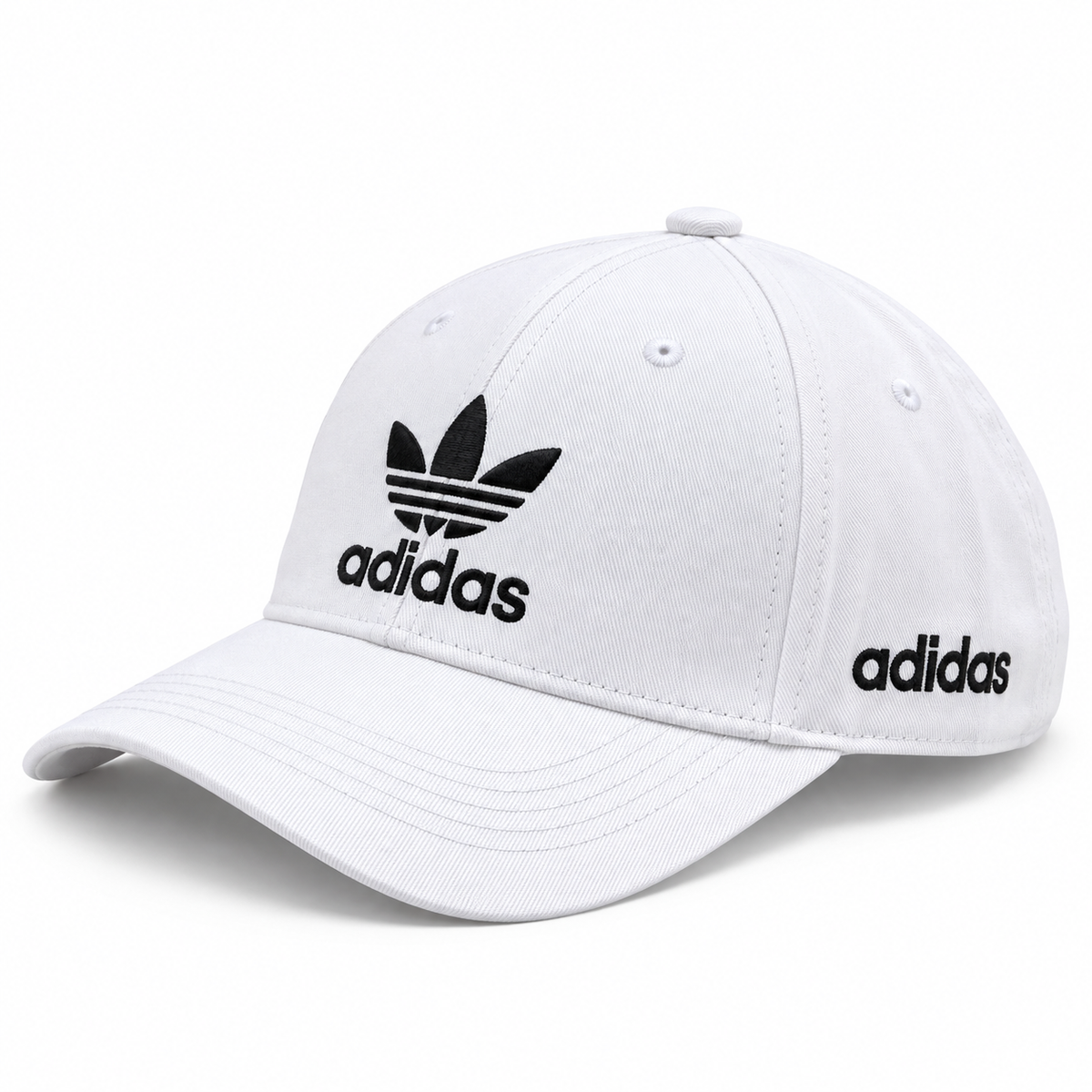 White baseball cap with black embroidered logo-style graphic and curved brim