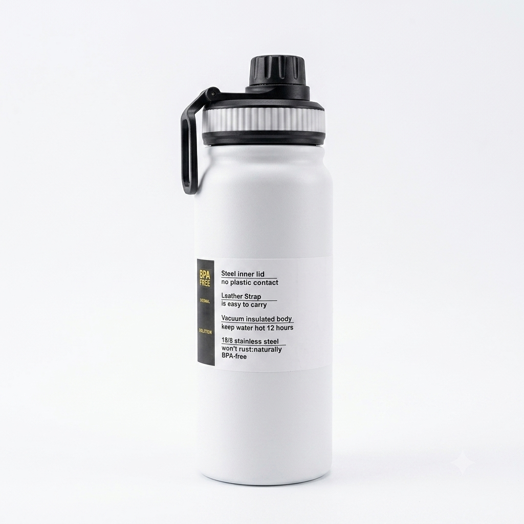 A white insulated stainless steel water bottle with a black screw cap, black carrying loop, and a black label featuring the brand 'BPA Free' and product details.