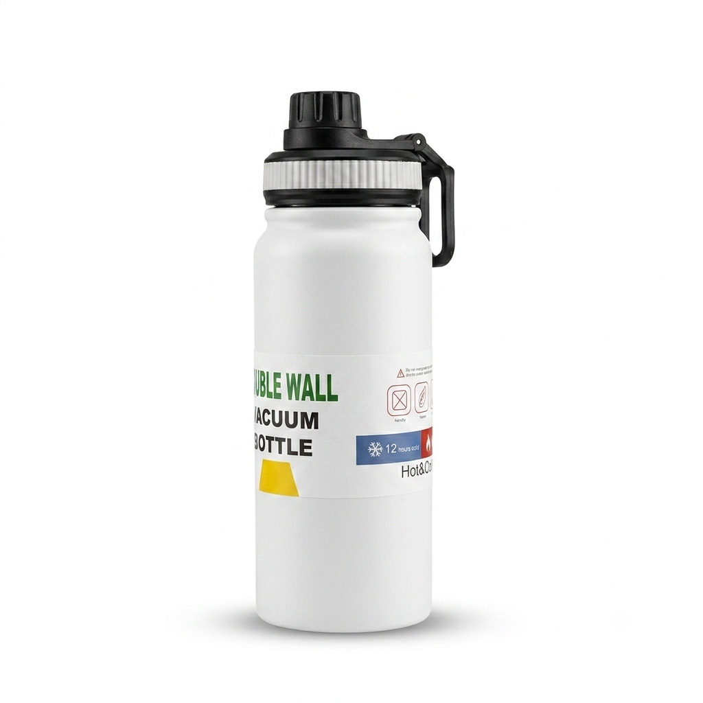 A white vacuum bottle with a black screw cap and carrying loop, featuring a white label with green and black text on a clean white background.