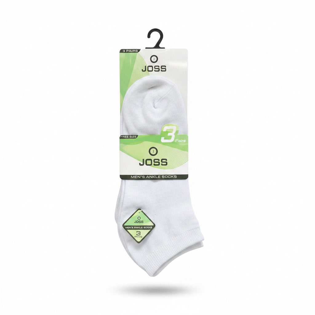 Pack of JOSS men's ankle socks on a store shelf with shoes and other products in the background.