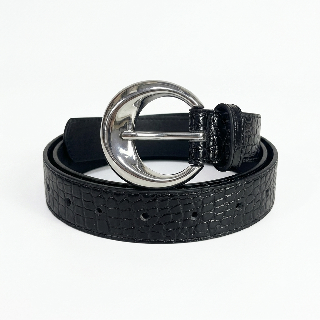 Black women's crocodile pattern belt front view with silver crescent buckle