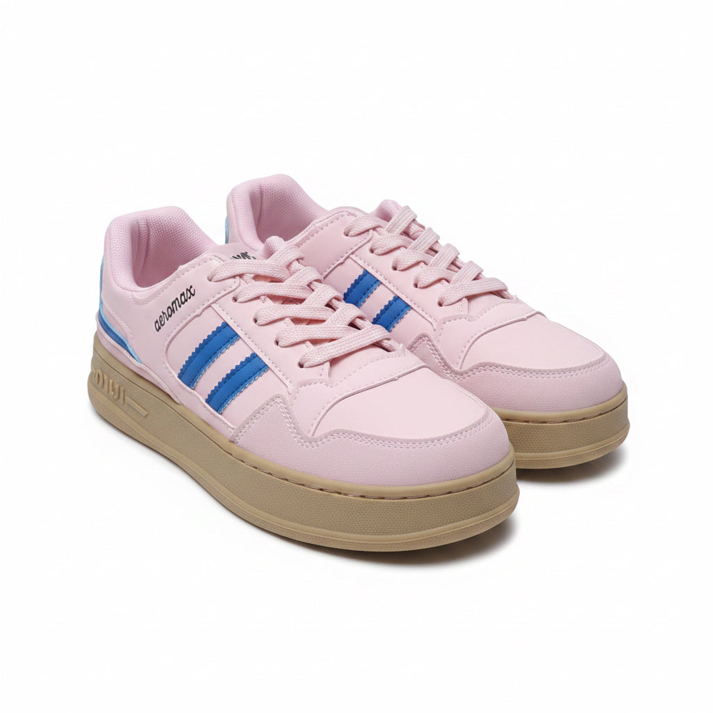 Pair of women's light pink chunky platform sneakers with blue stripes and a tan sole.