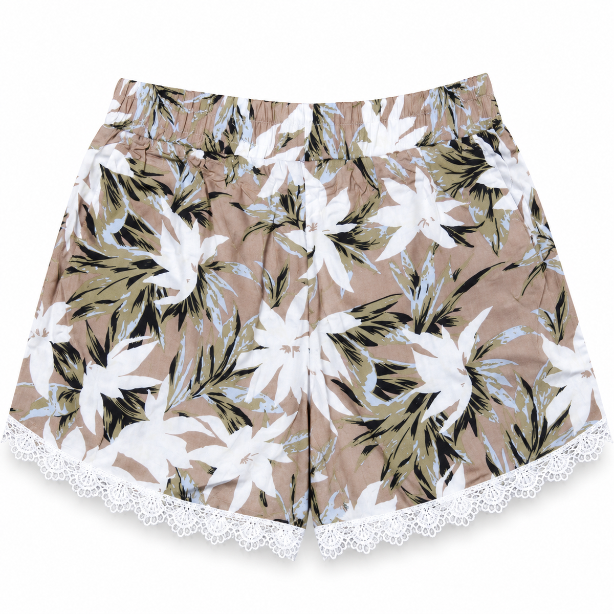 Women's beige tropical floral lounge shorts with elastic waistband, olive botanical print and white scalloped lace hem – back view