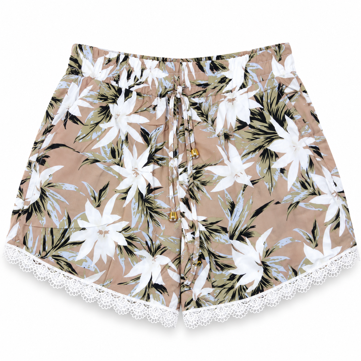 Women's beige tropical floral lounge shorts with oversized white flowers, adjustable drawstring and white lace trim – front view