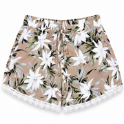 Women's beige tropical floral lounge shorts with oversized white flowers, adjustable drawstring and white lace trim – front view