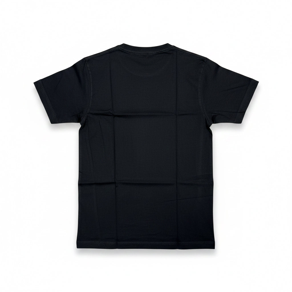Womens classic black crewneck short sleeve t shirt laid flat against a white background